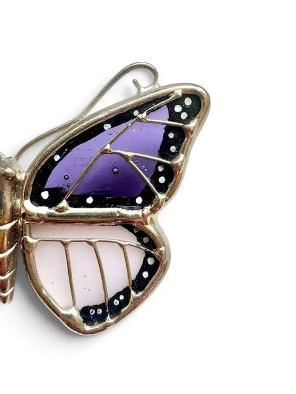 VTG 1980s Stained Glass Look Butterfly Brooch Pin Purple Pink Silver Tone Wing